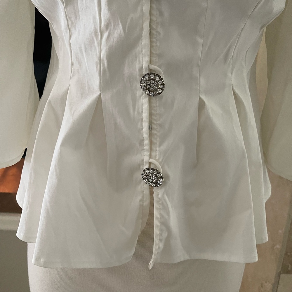 Woman’s Evening blouse Adrianna Papel cream 12 ruffle collar rhinestone buttons - Picture 5 of 13